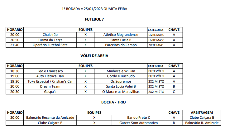 Confira tabela da 1ª rodada dos Jogos de Verão que começam hoje no Caiçara