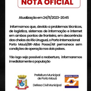 Defesa Civil emite nota sobre funcionamento do Porto  em Porto Mauá